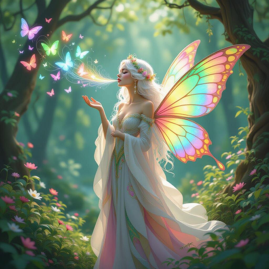 Ethereal Spirit Breathes Rainbow Butterflies in Enchanted Fo...