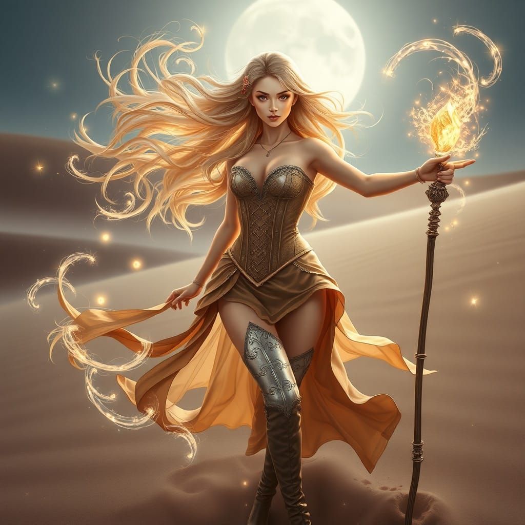 Wind Mage Casting Magic on Moonlit Dunes