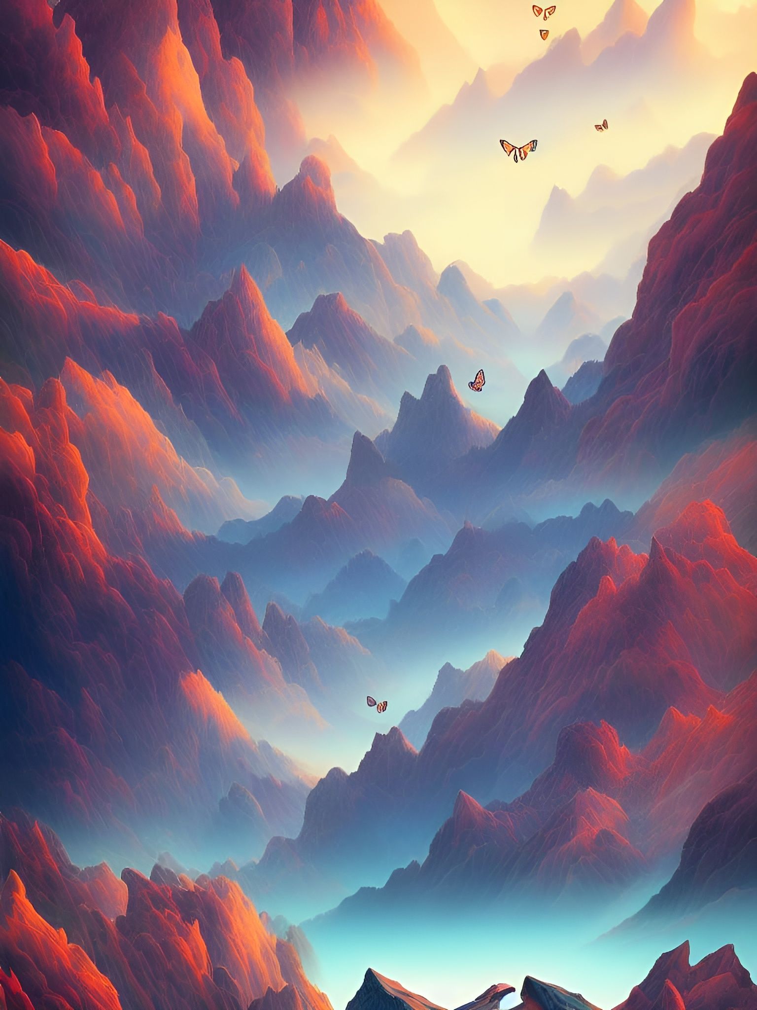 Surreal Mountains with Butterflies in Art Nouveau Style