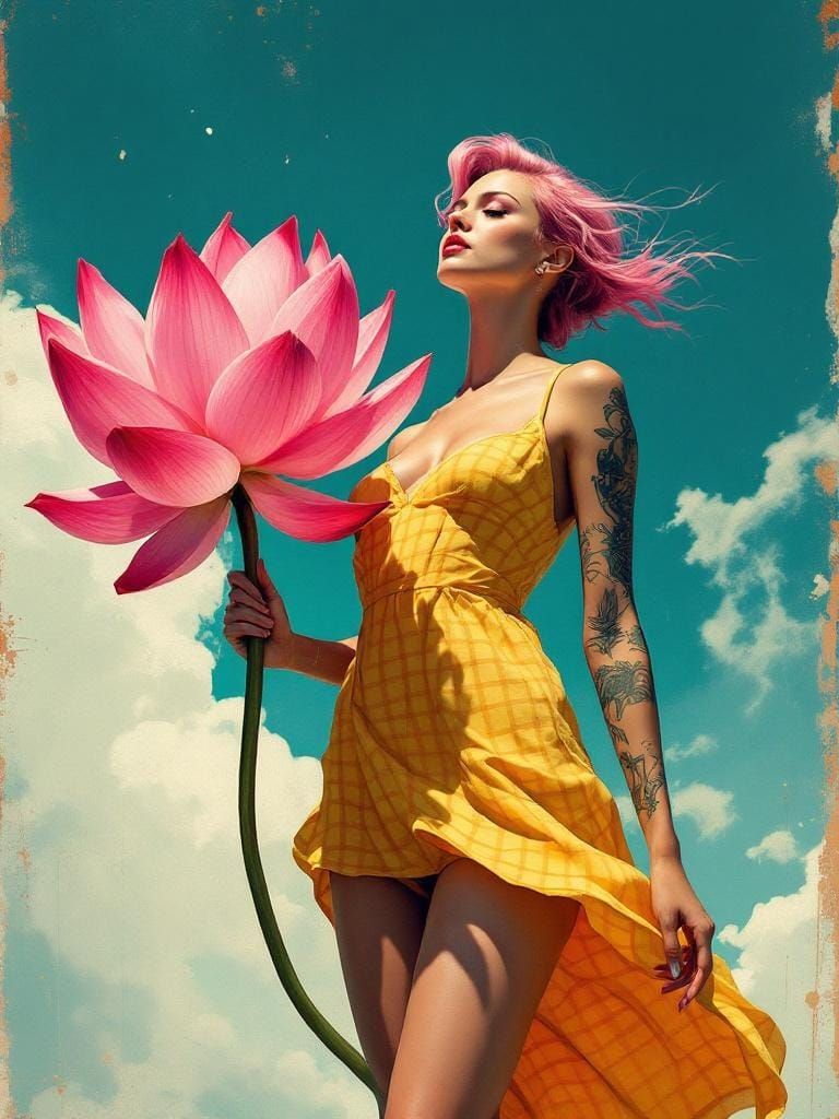 Woman with Lotus Flower in Art Deco Street Art Style