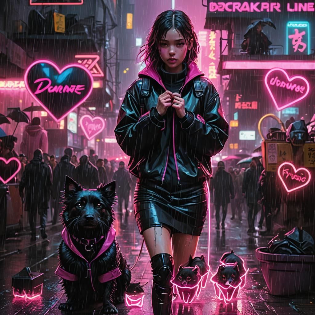 Cyberpunk Woman and Dog in Rainy Cityscape