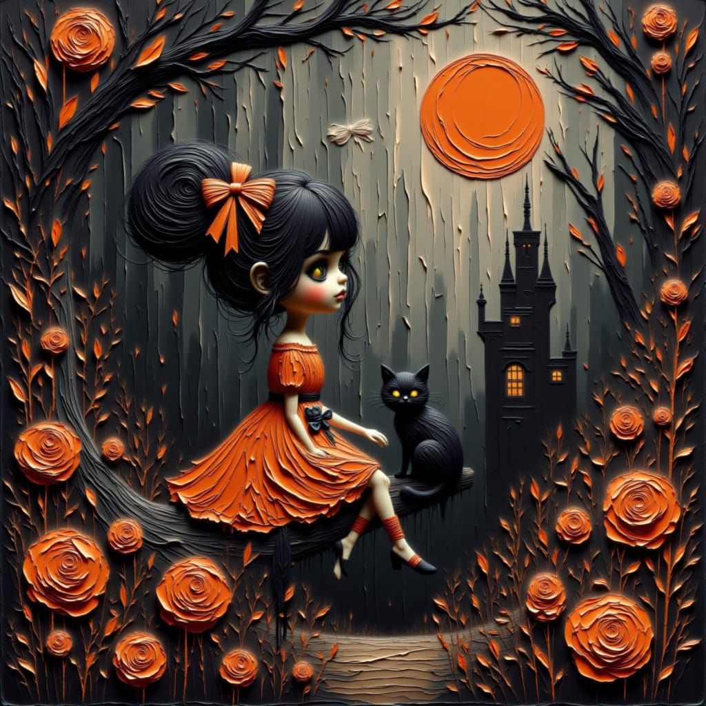 Child Petting Black Cat in Halloween Garden