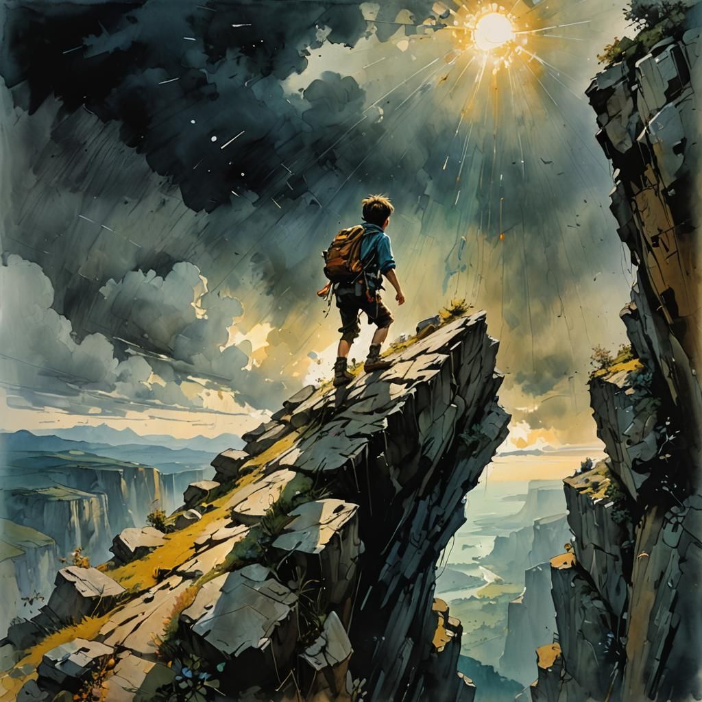 Child Climbs Cliff in Splashy Watercolor Style