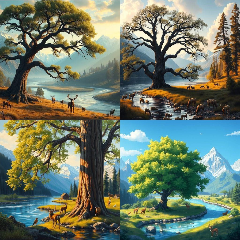 Serene Nature Landscape with Tree, River, and Mountains