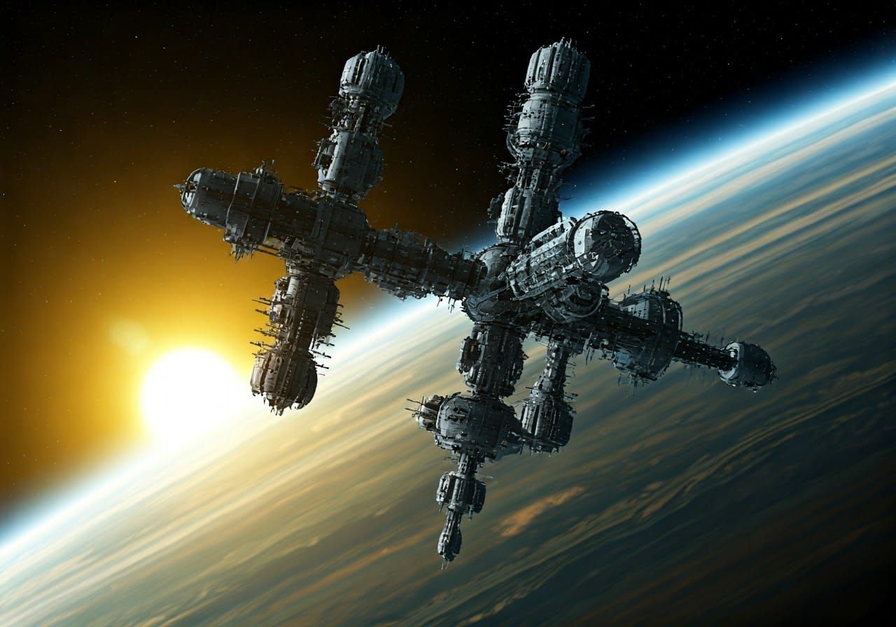 Futuristic Space Station in Orbit Above a Gas-Giant Planet