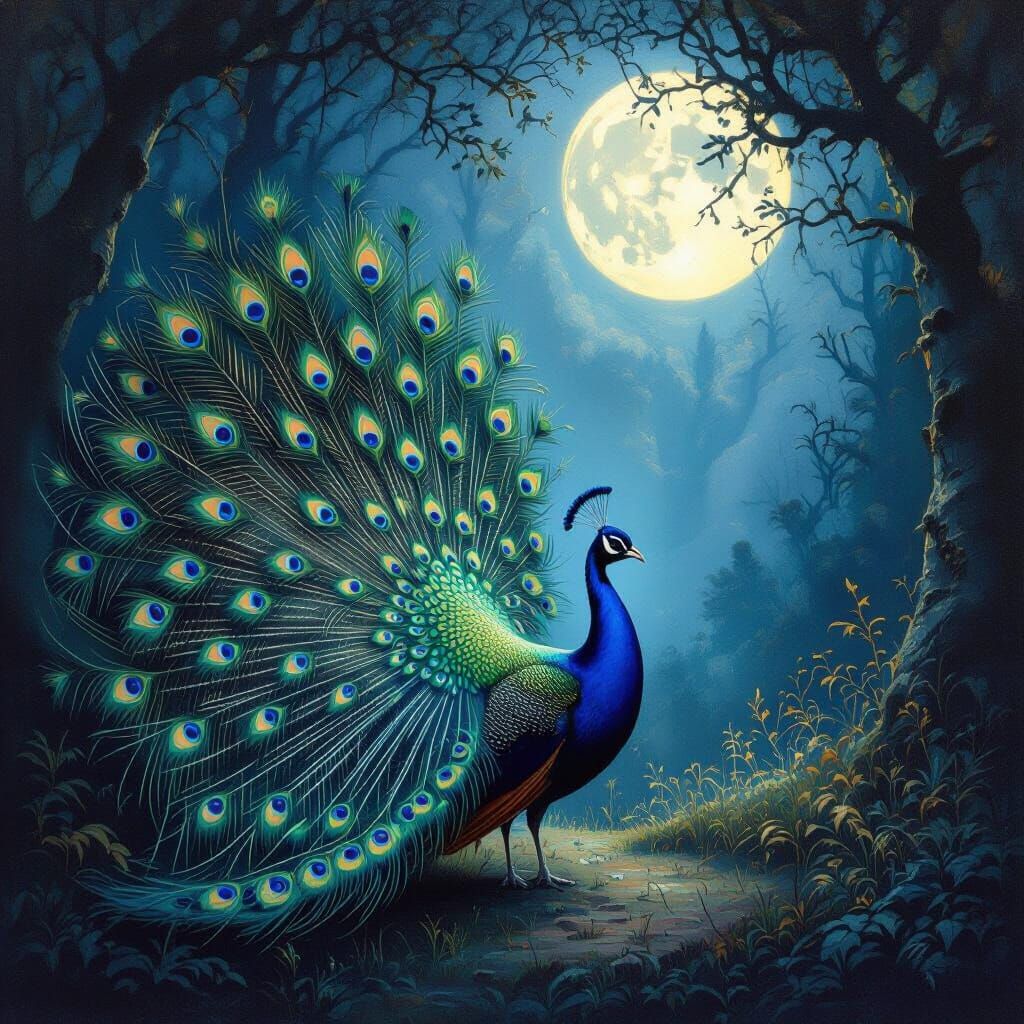 Majestic Peacock in Moonlit Dreamlike Forest