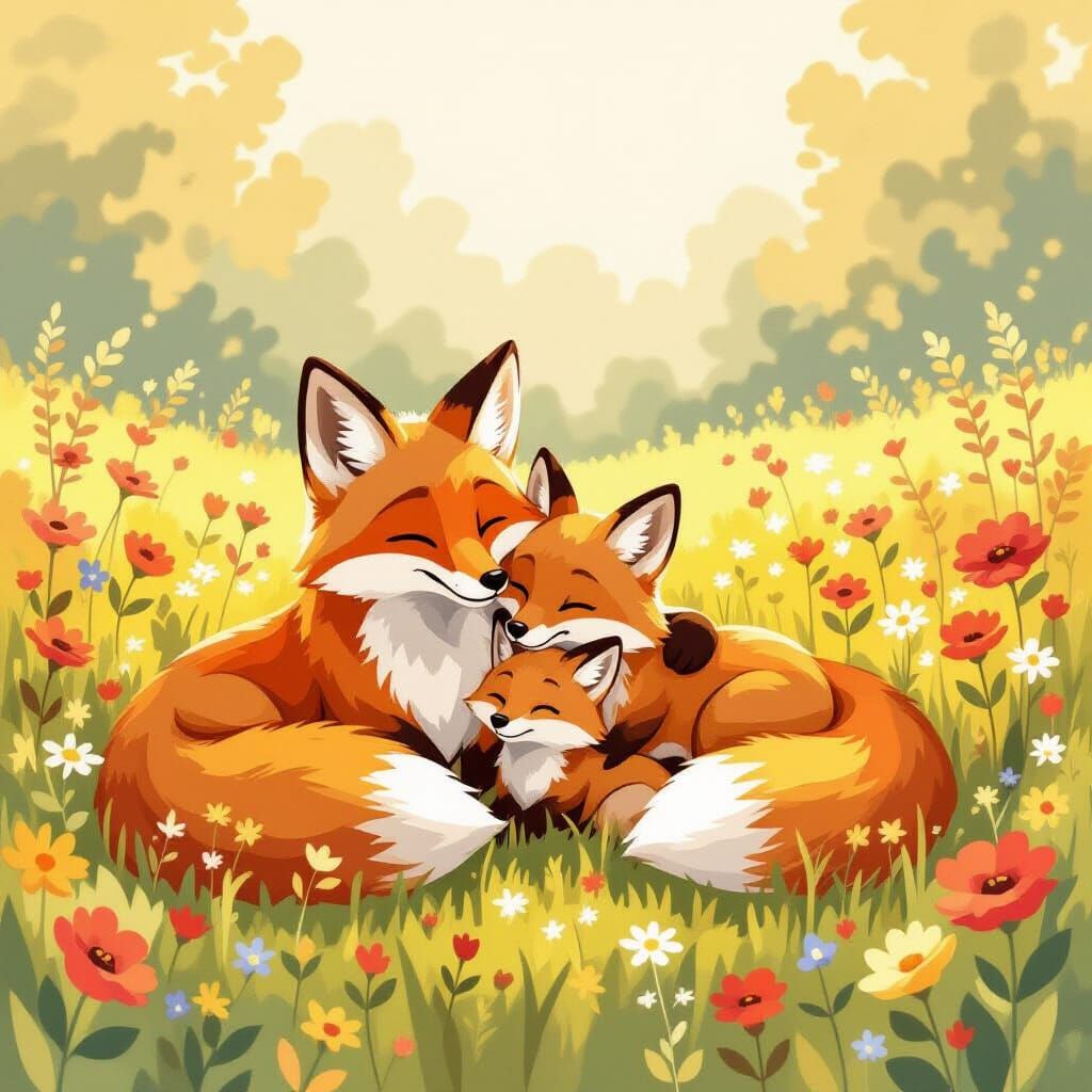 Fox Family Lounging in Sunny Meadow, Whimsical Art
