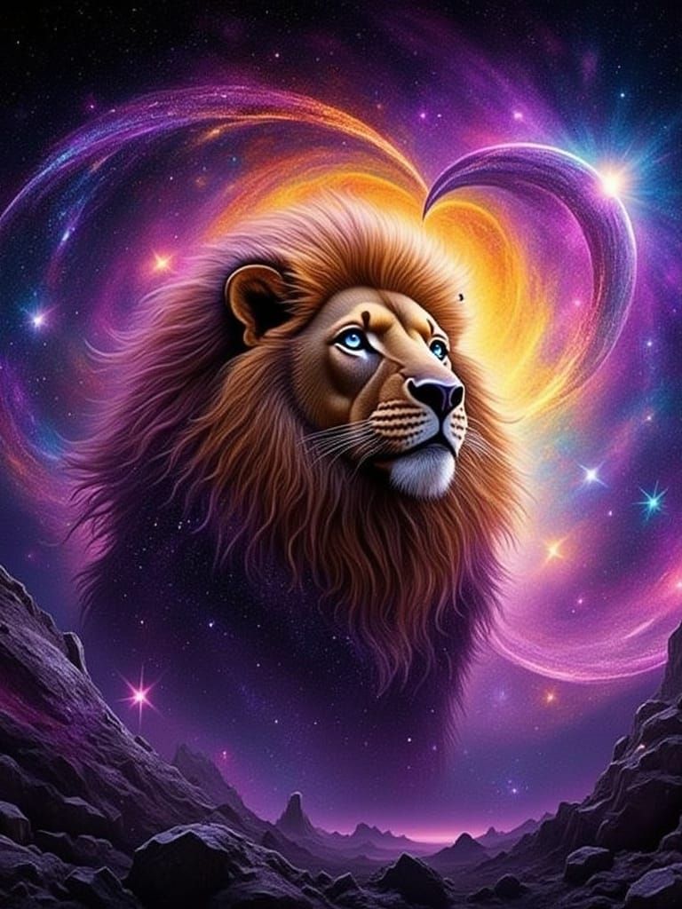 Majestic Lion with Nebula Mane in Galaxy
