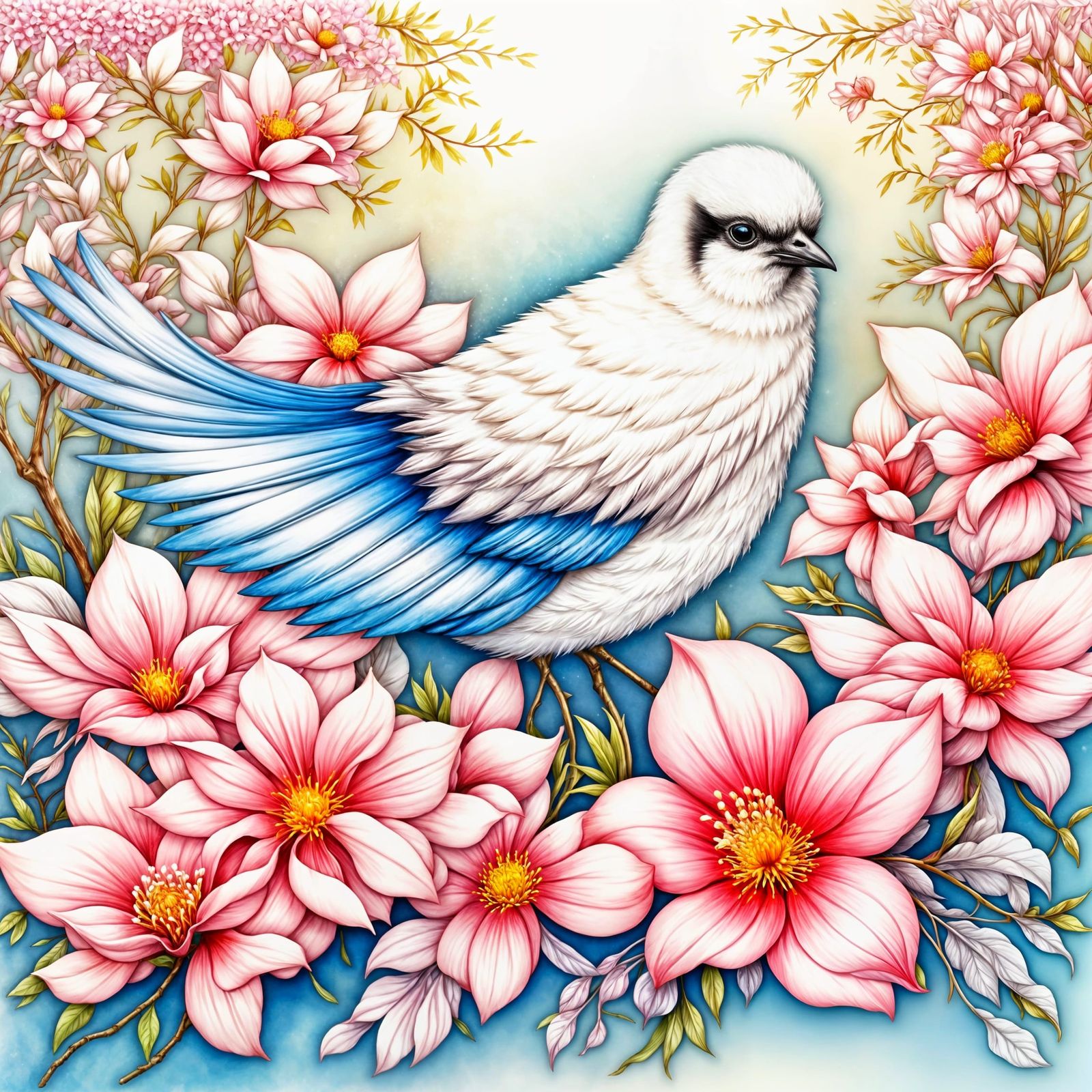 <lora:pabhari-flux:1.0> <lora:PinkSnowWatercol1-Fb:1.0> Beautiful fantasy bird by Brian Fround, ethereal, shimmery, glim...