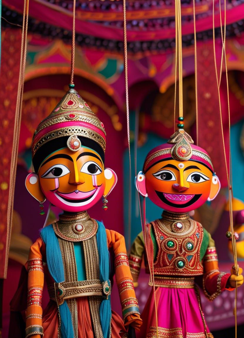 Smiling Indian Marionette Puppets on Stage