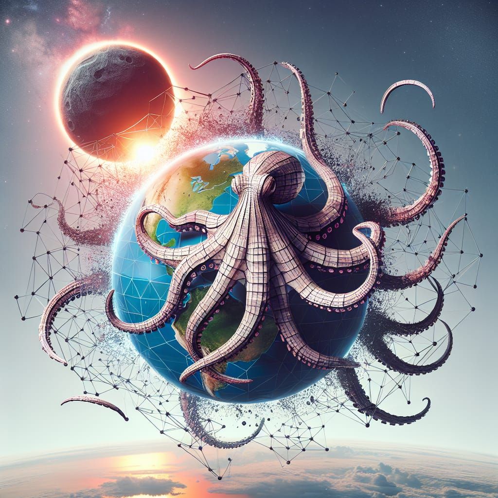 Digital Octopus Embraces Earth in Origami Style