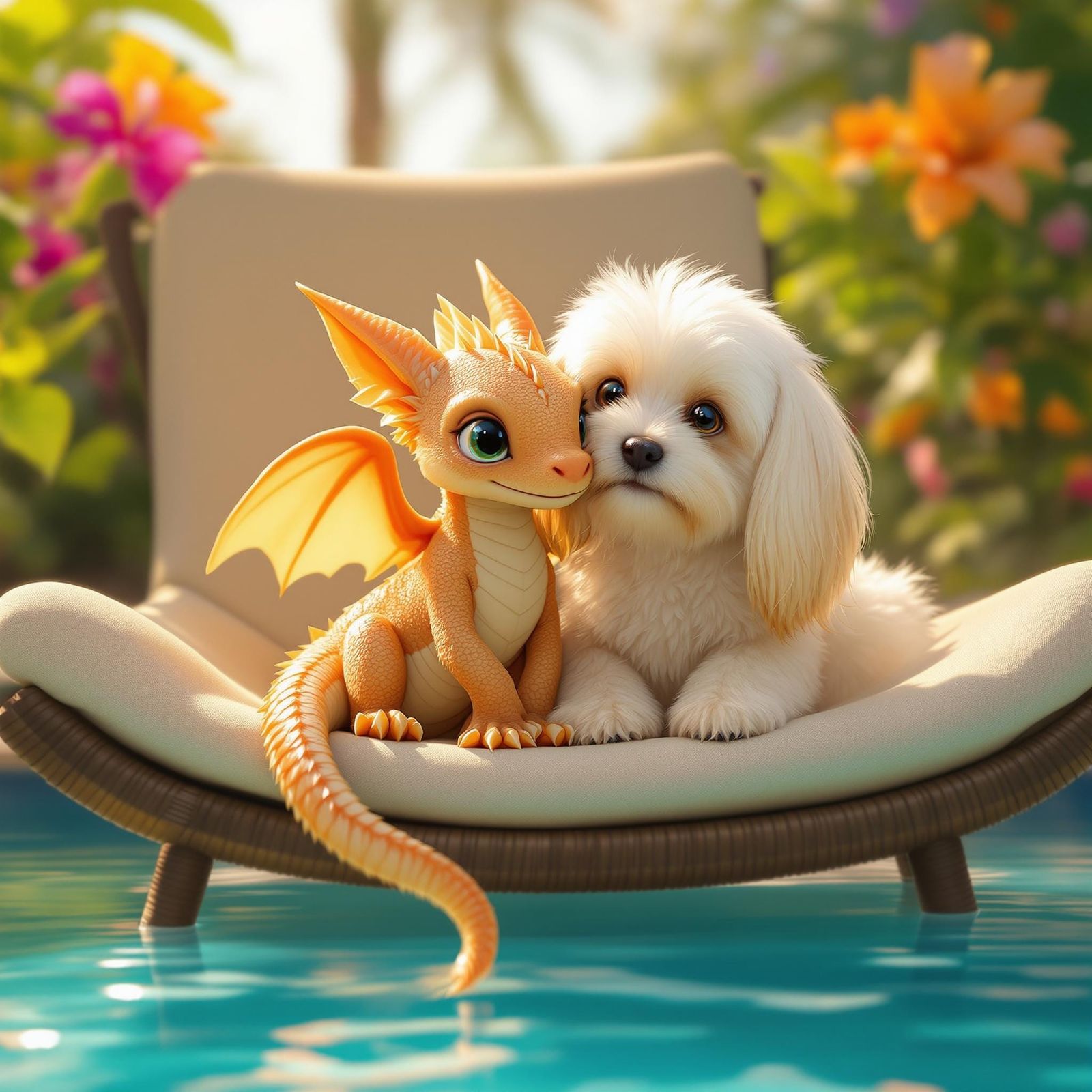 Realistic 8K Dragon and Havanese Puppy Poolside Scene
