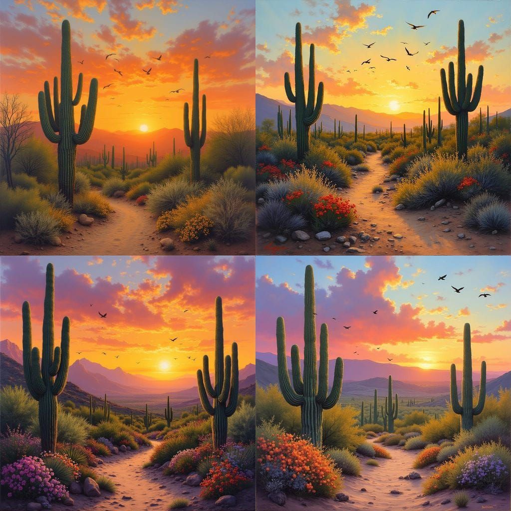 Arizona Desert Sunset with Birds in Oil Painting Style