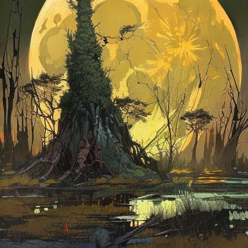 Luminous Moon Over Sinister Swamp, Detailed Matte Painting