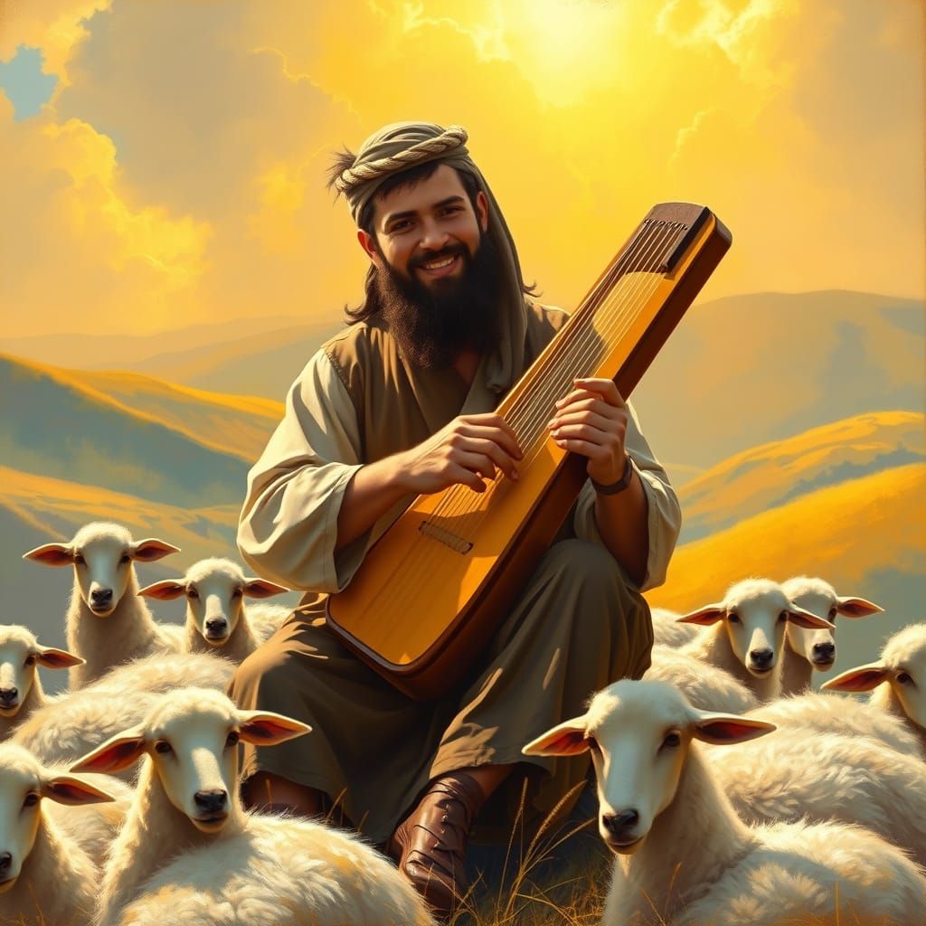 Majestic Hebrew Shepherd Boy in Chagall-Inspired Landscape