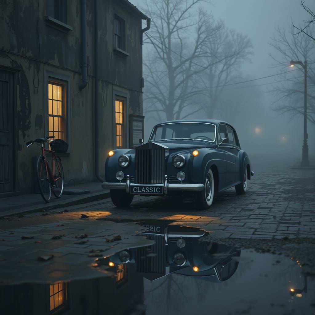 Dark Blue Classic Car on Misty Road at Dusk