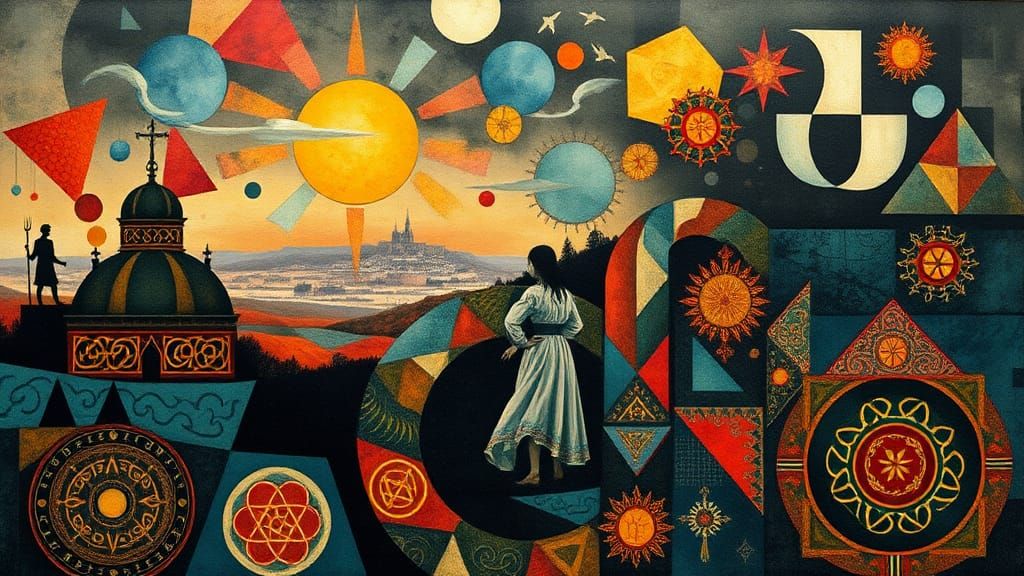 Geometric Folk Art with Celtic Motifs in Watercolor