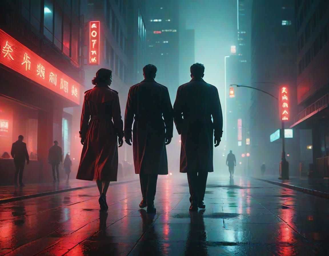 Mysterious Nighttime Cityscape in Film Noir Style