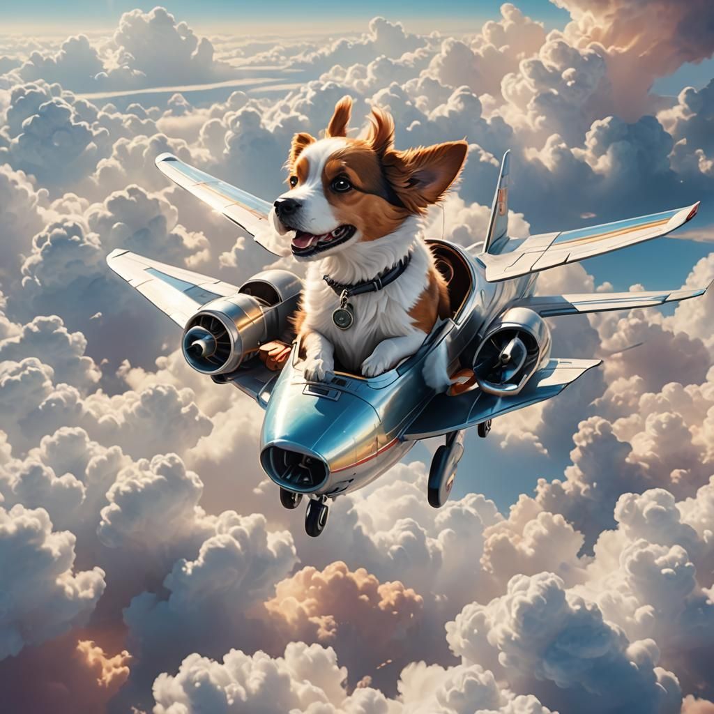 Dog Rides Jet Plane in Retro-Futuristic Style