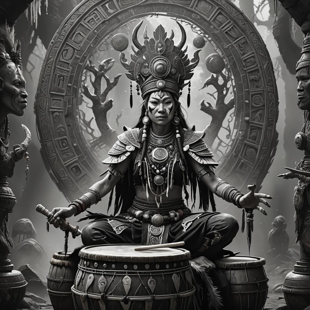 Woman Shaman Drum in Black and White