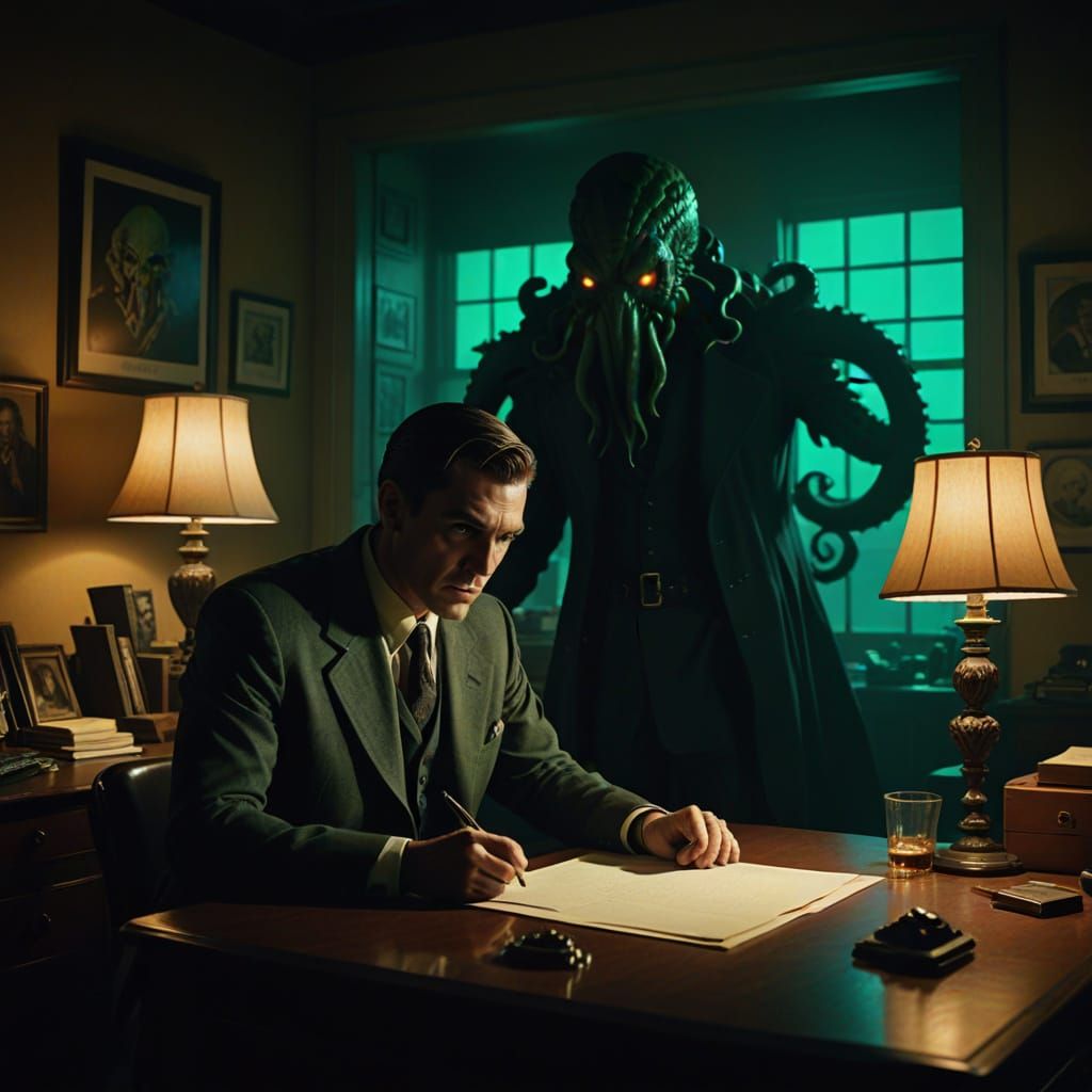 Detective Confronts Cthulhu's Shadow in Noir Office