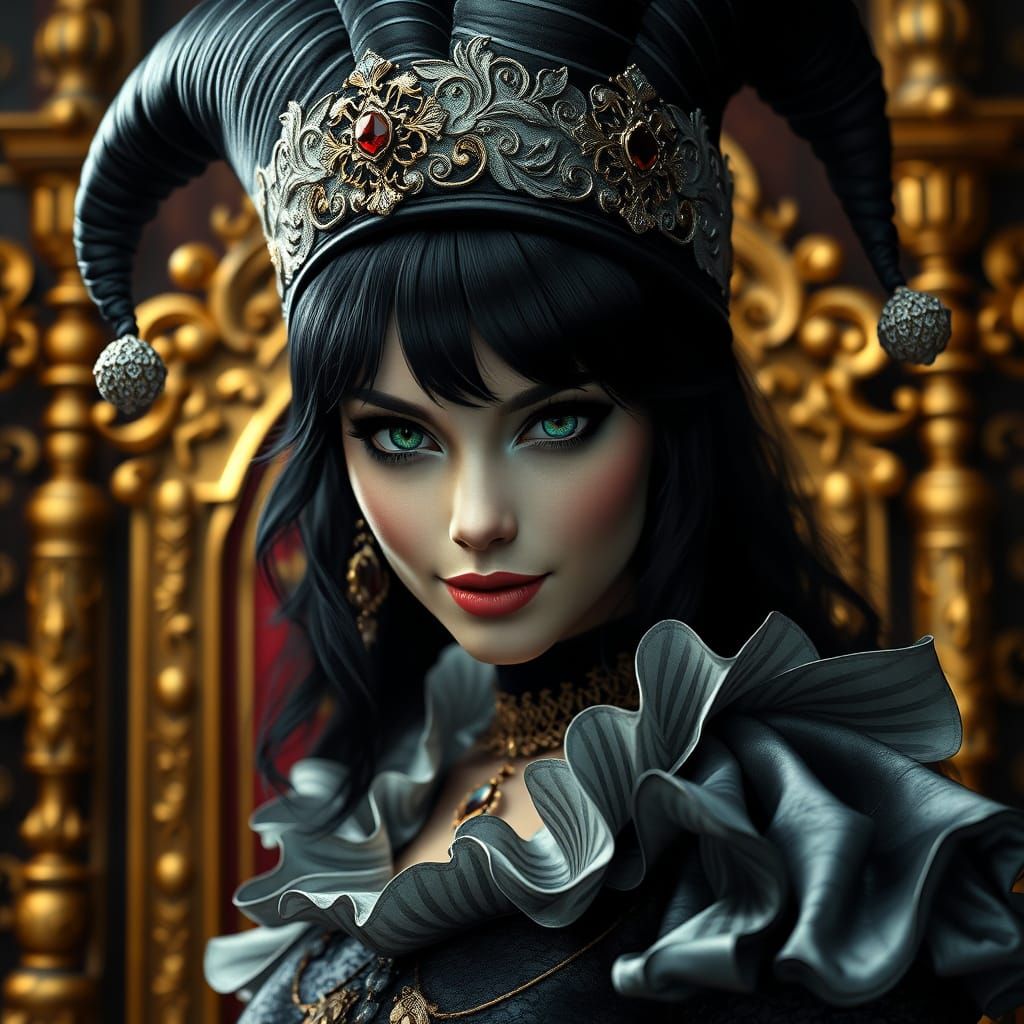 Mysterious Jester Queen in Opulent Throne Room