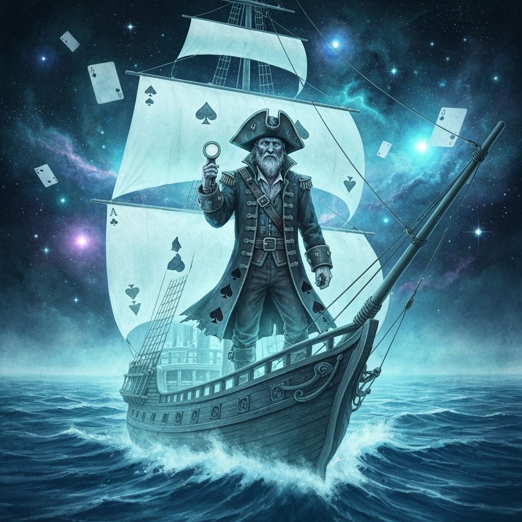 Stoic Pirate King of Spades on Spectral Ship in Cosmic Sea