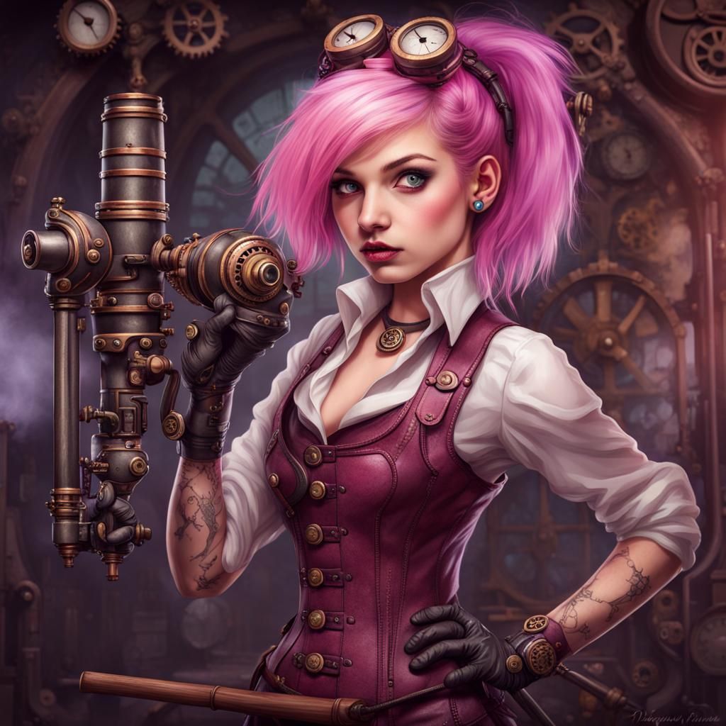 Pink-Haired Girl Plays Bat near Steampunk Engine