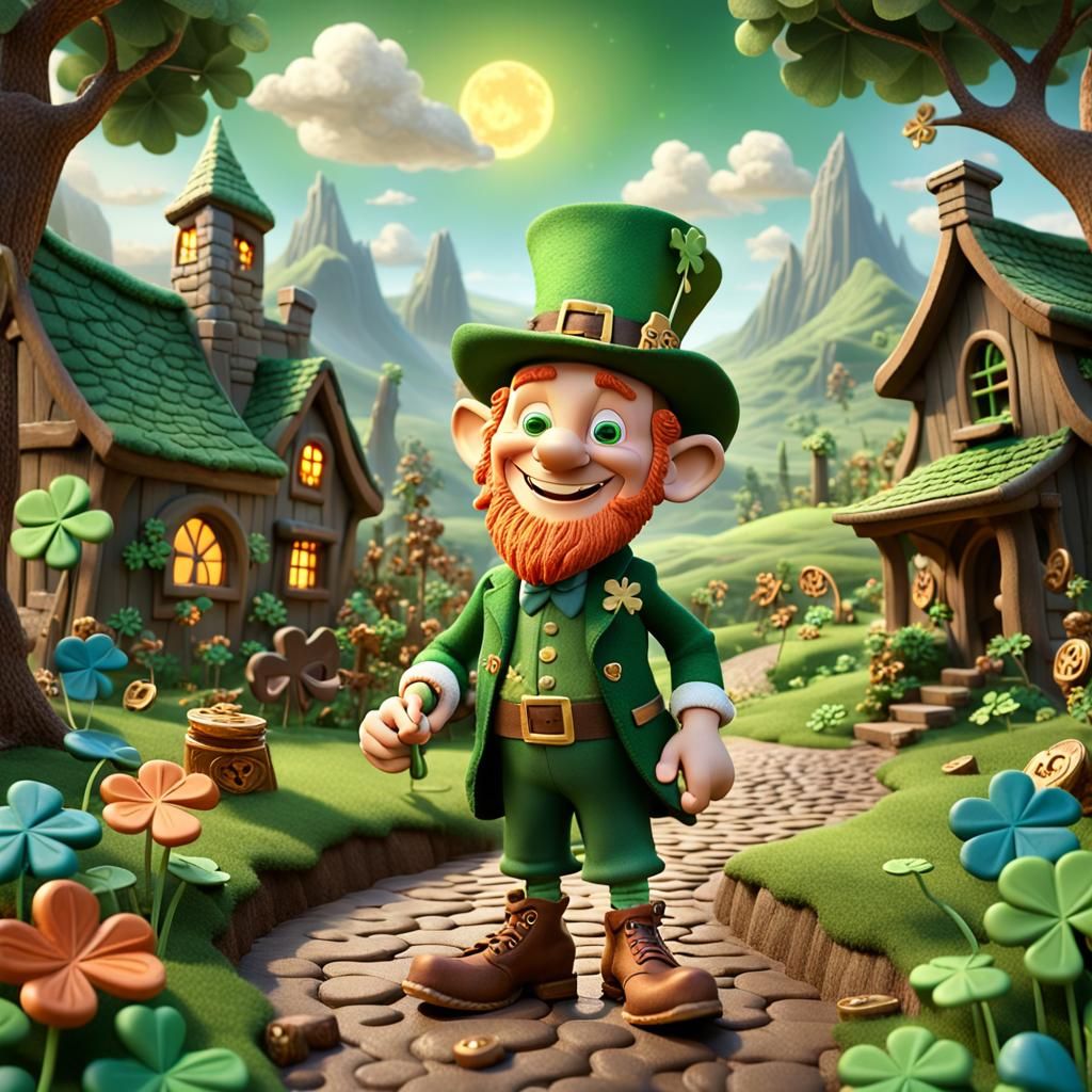 A claymation character with a mischievous smile, surrounded by vibrant symbols of luck such as four-leaf clover