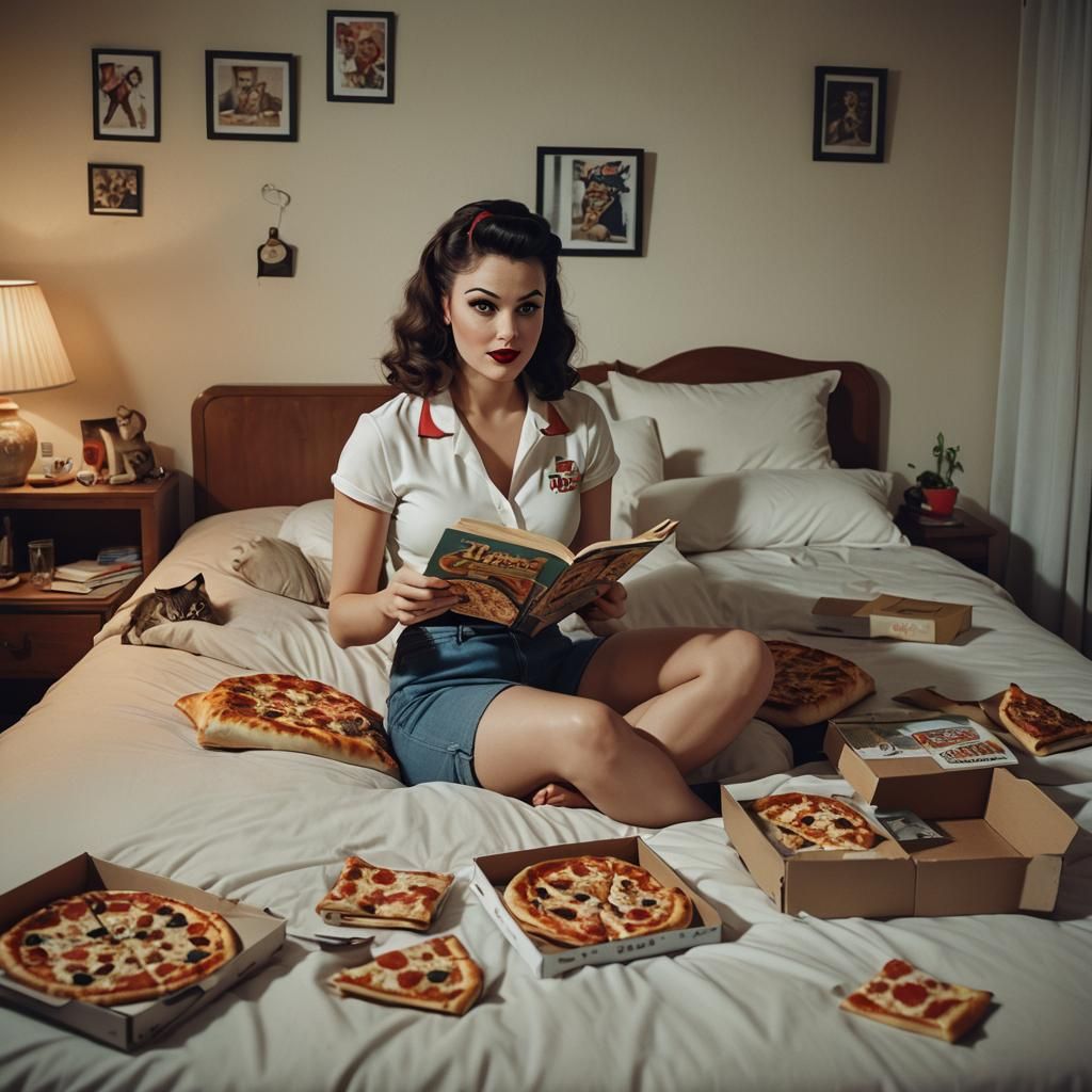Pinup Girl Relaxing with Pizza, Cinematic Still