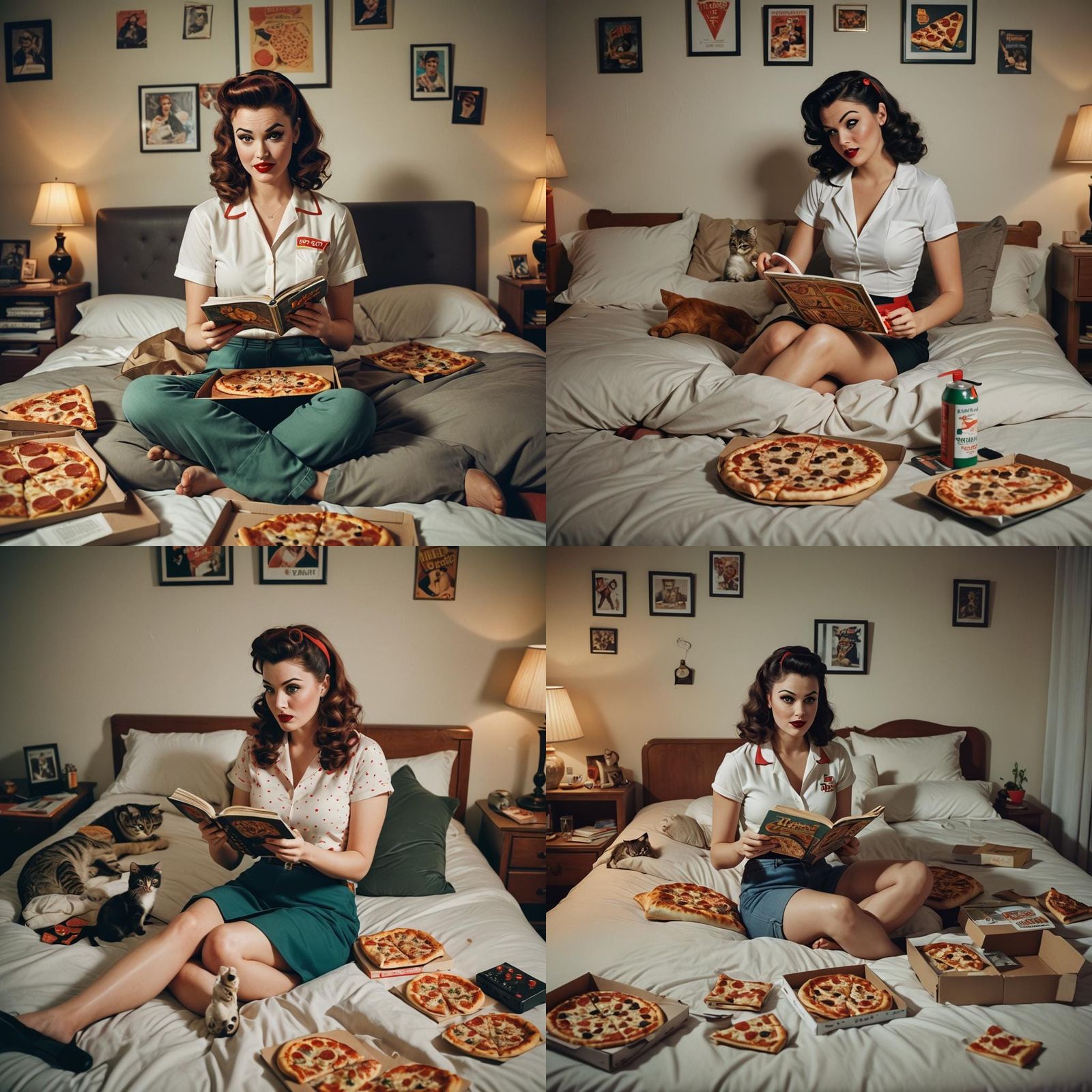 Pinup Girl's Relaxing Day with Pizza and Games