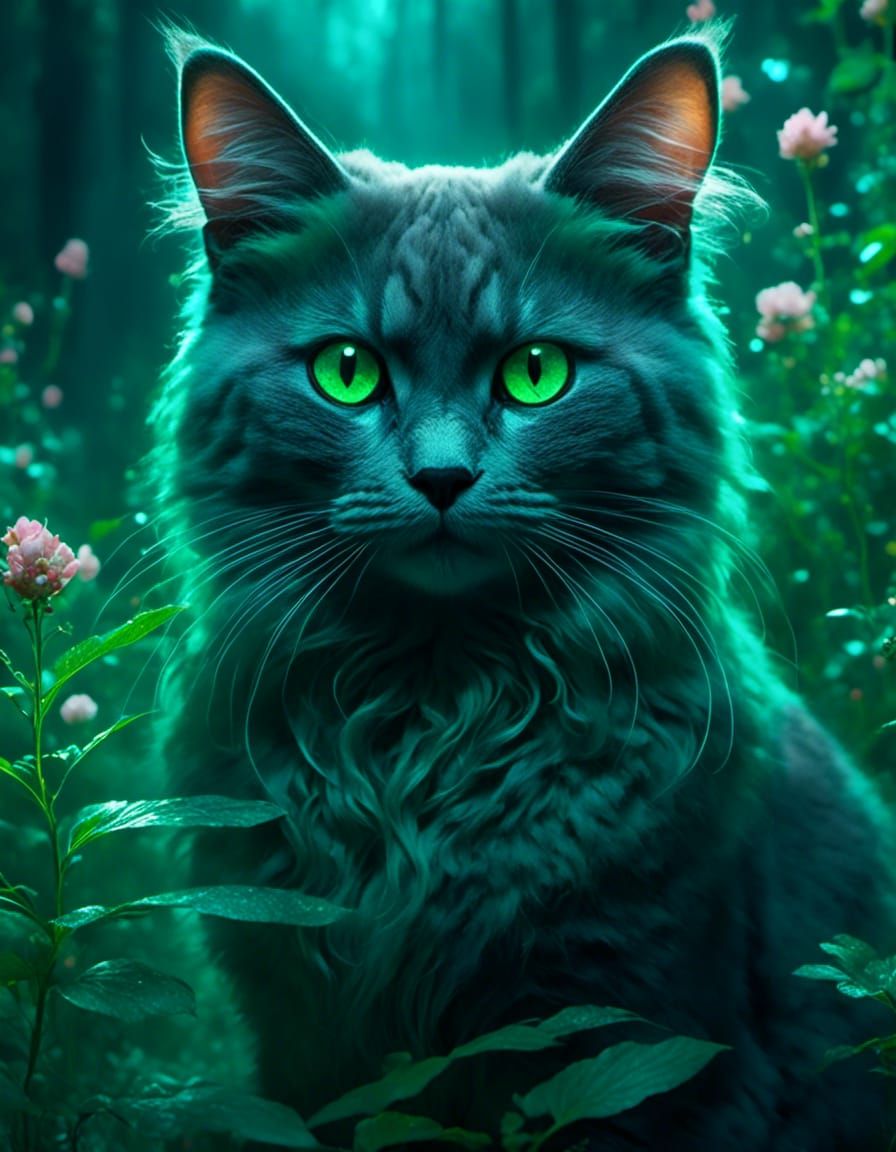 Dark Grey Cat with Green Eyes Intently Watching