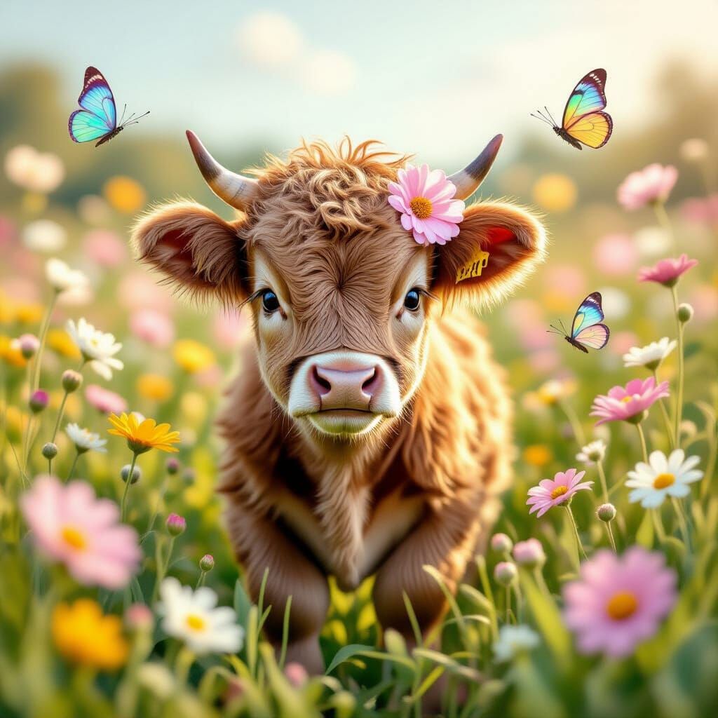 Fluffy Calf in Flower Field, Children's Illustration