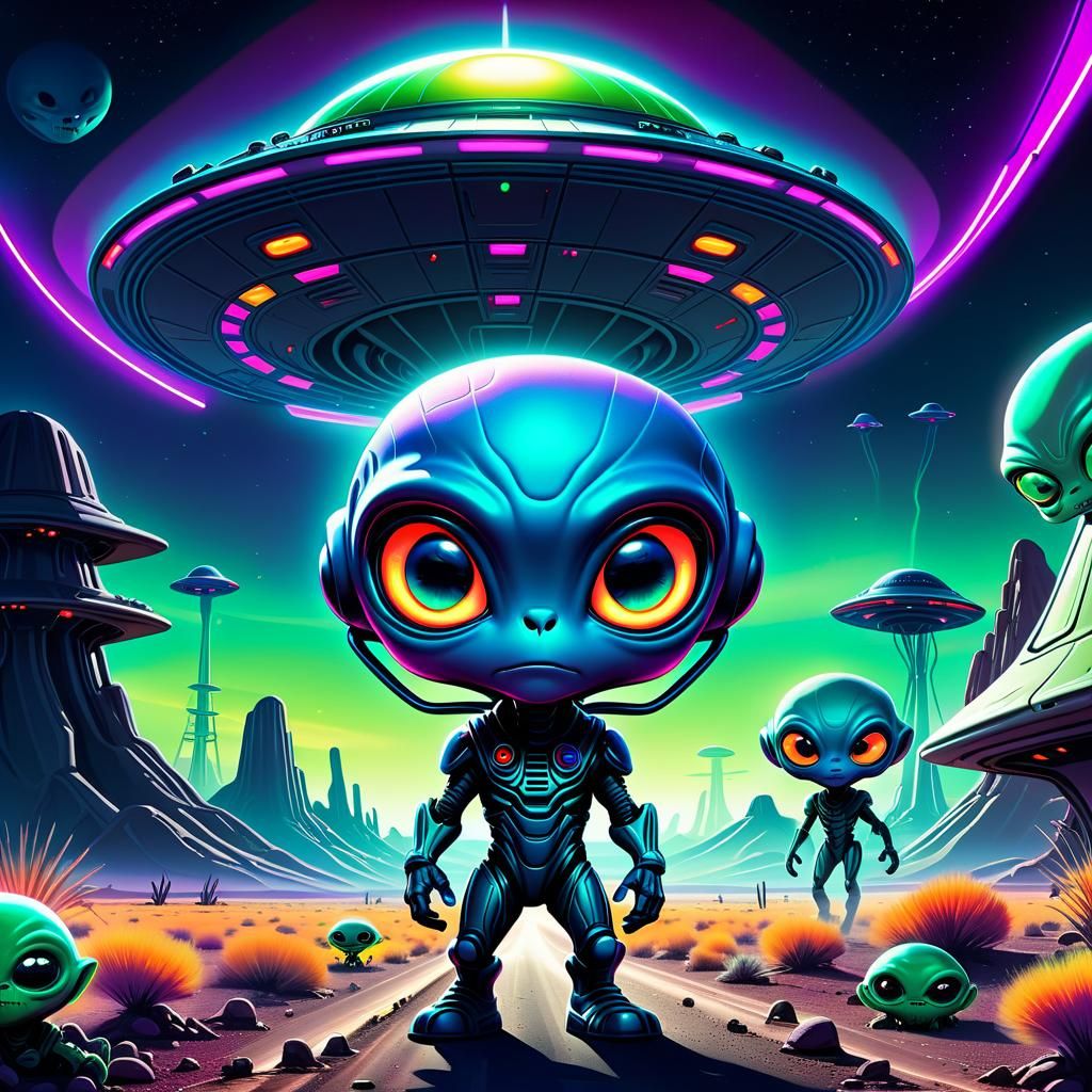 Chibi Aliens Explore Area 51 in Low-Poly Art