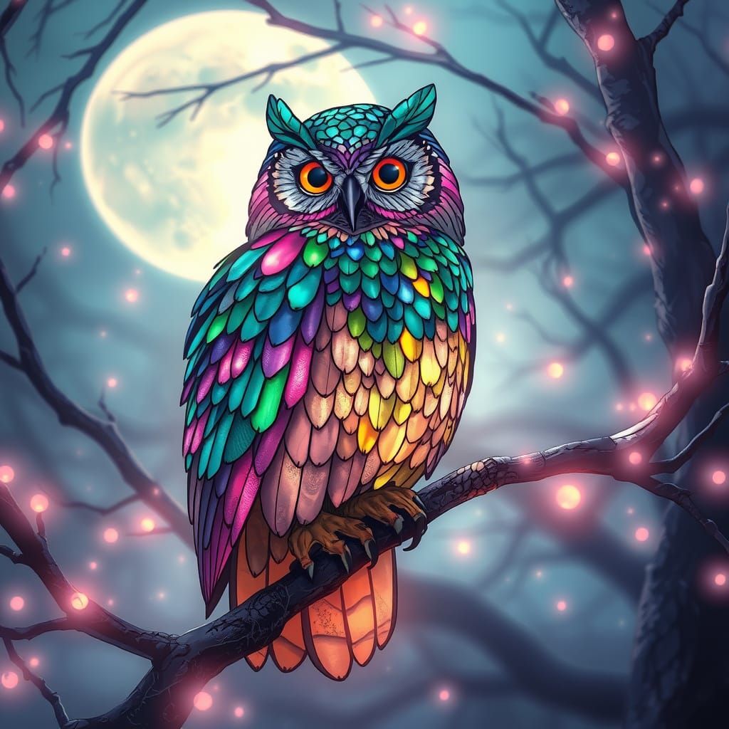 Ethereal Owl in Stained Glass Feathers Perched on Glowing Tr...