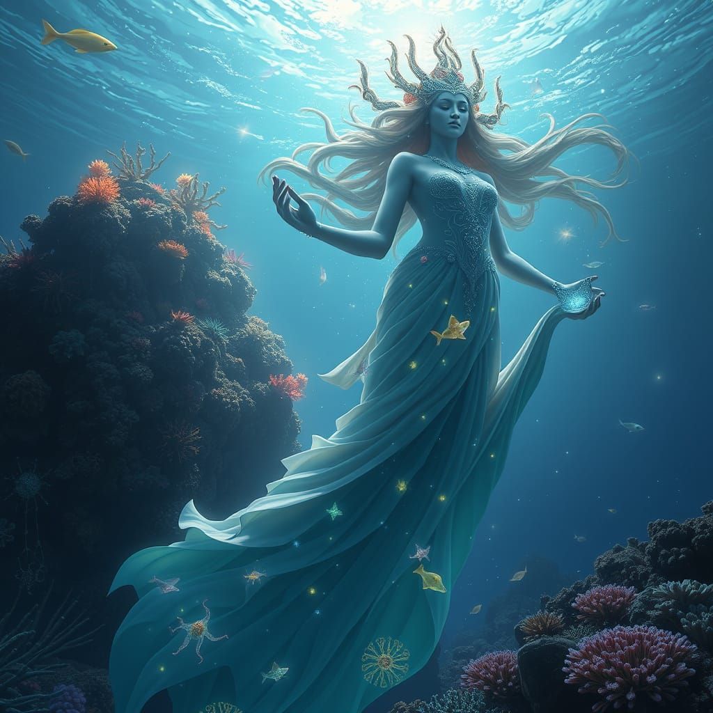 Ocean Goddess Emerges in Bioluminescent Coral