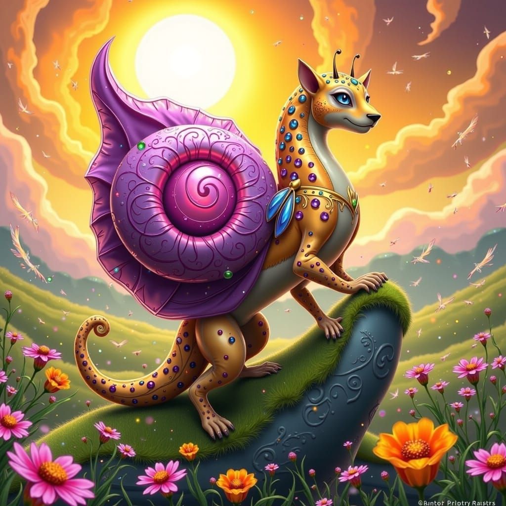 Dreamlike Cheetah-Snail Hybrid in Whimsical Landscape