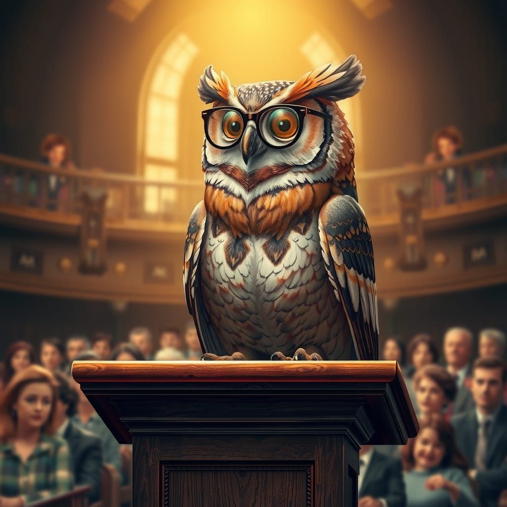 Erudite Owl Lecturing, Classical Illustration Style