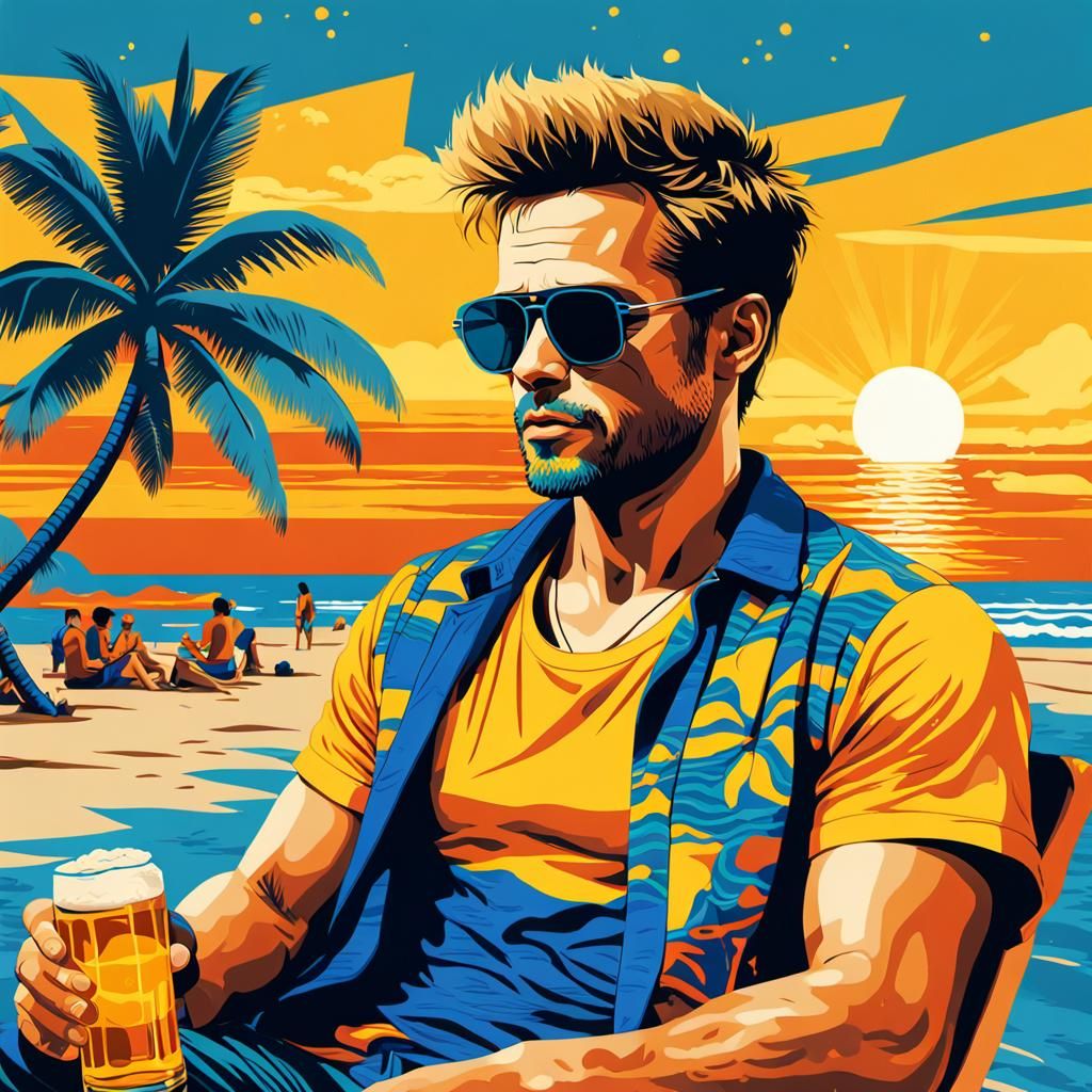 Pop Art Beach Scene with Geometric Patterns