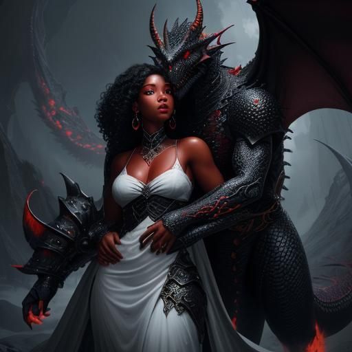 Woman Hugging Dragon in Detailed Fantasy Art