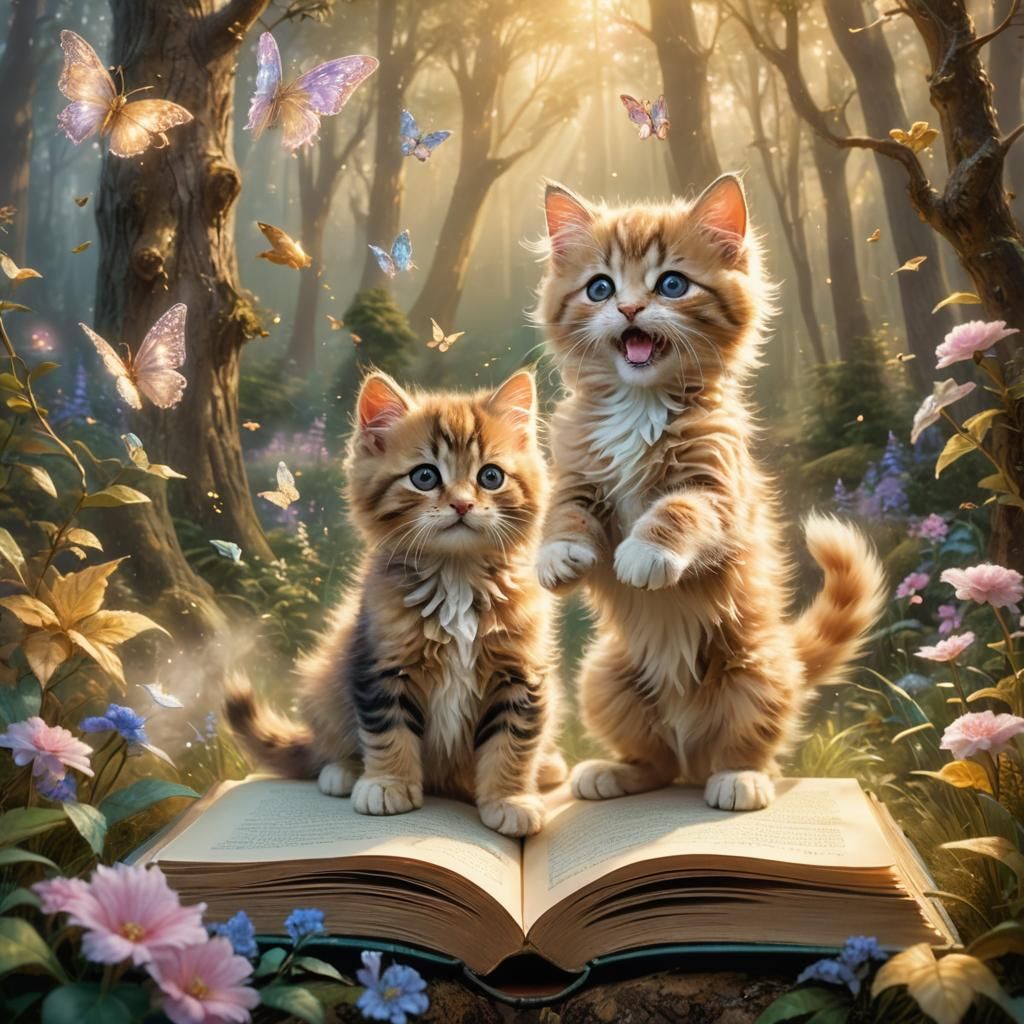 Enchanted Kittens and Puppy in Fantasy Forest