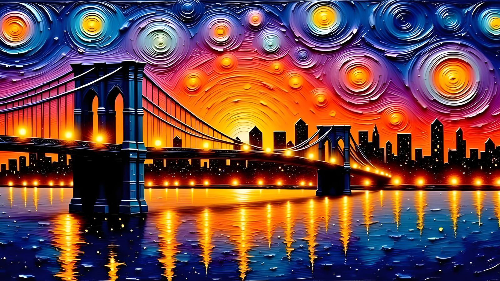 Vibrant Impasto Oil Painting of Brooklyn Bridge at Sunset