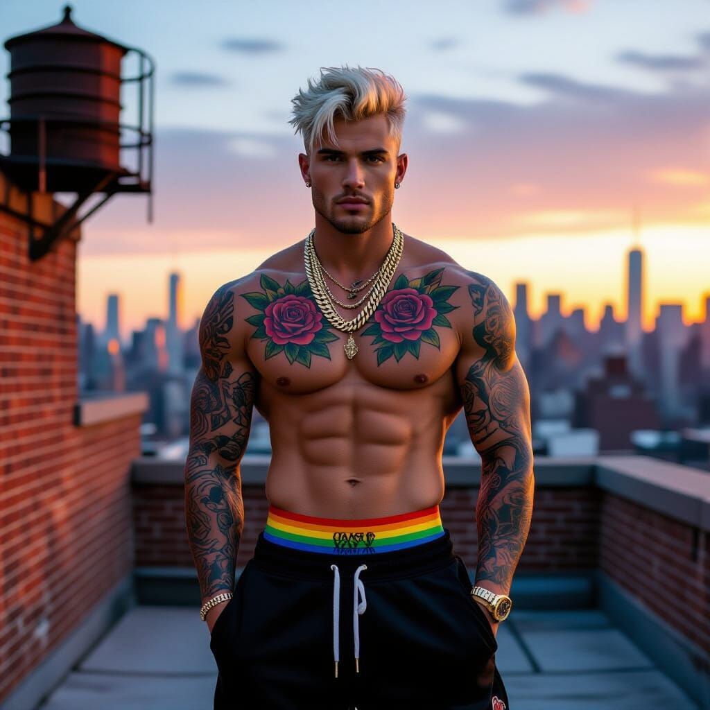Manhattan Model with Tattoos and Platinum Hair at Sunset