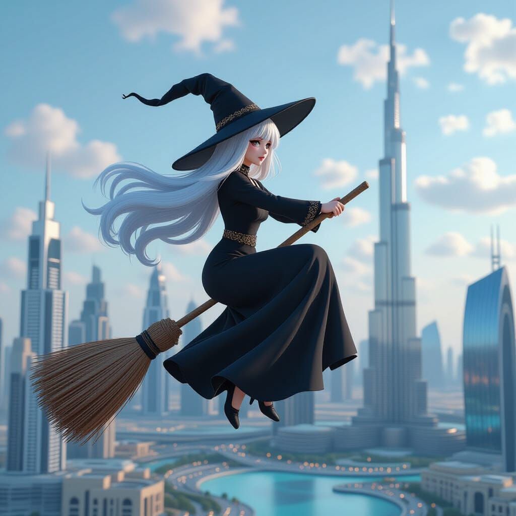 Baba Yaga Soaring Over Dubai in Anime Style