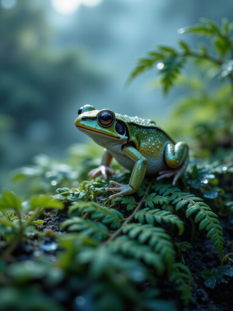 Starry Shrub Frog Macro Portrait in Misty Cloud Forest