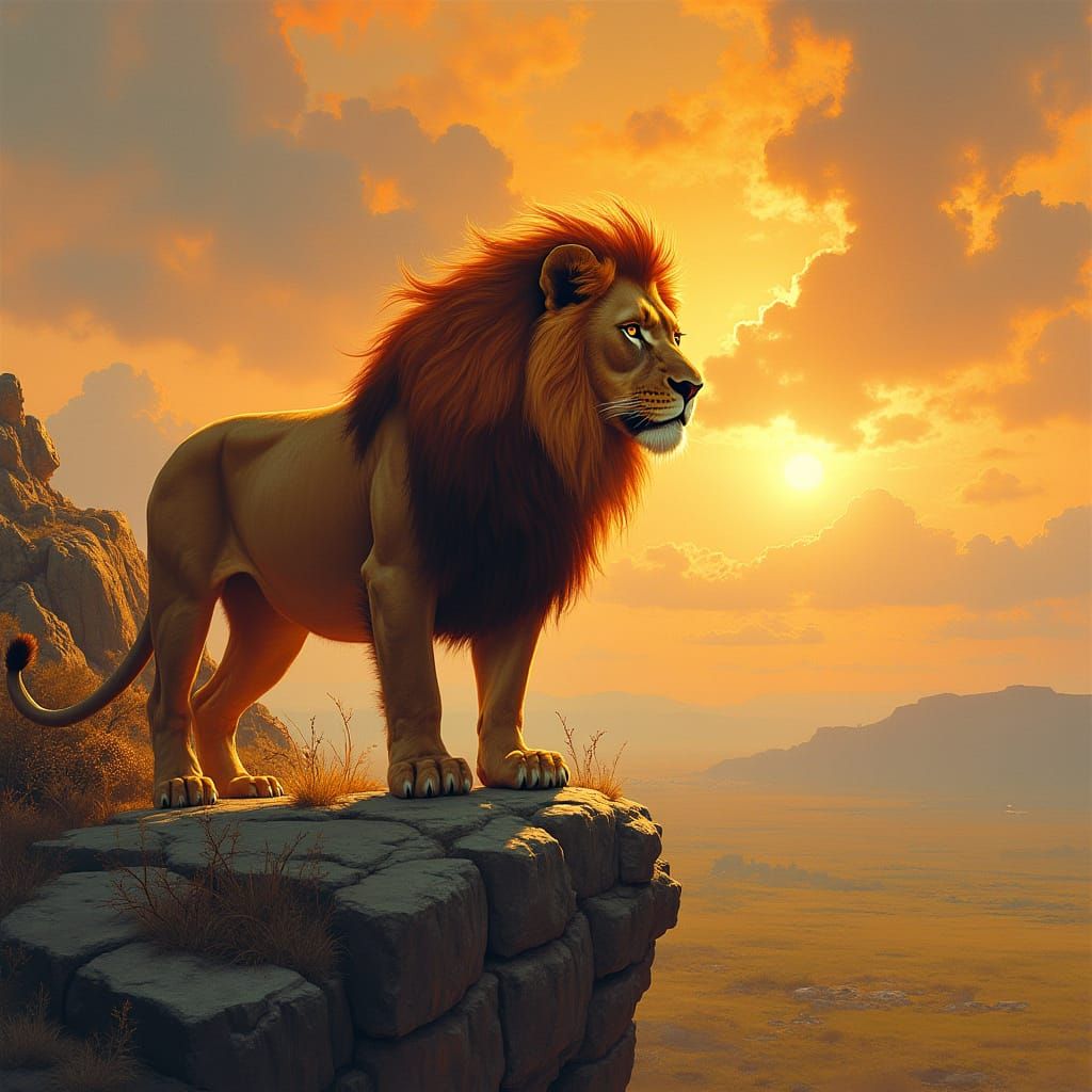 Lion with Fiery Mane Overlooking Savannah
