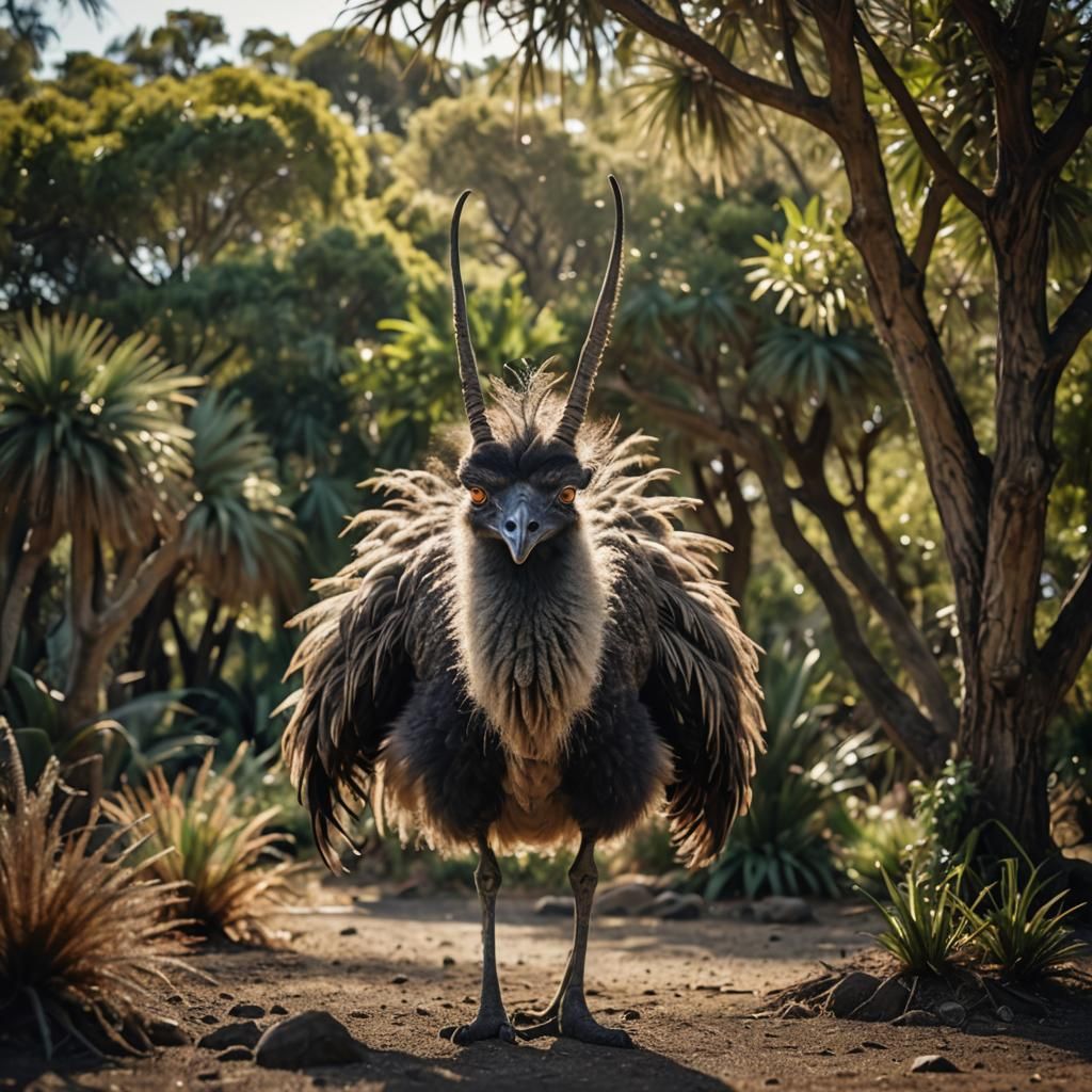 Emu-Ostrich Hybrid Creature: A Cinematic Wildlife Portrait