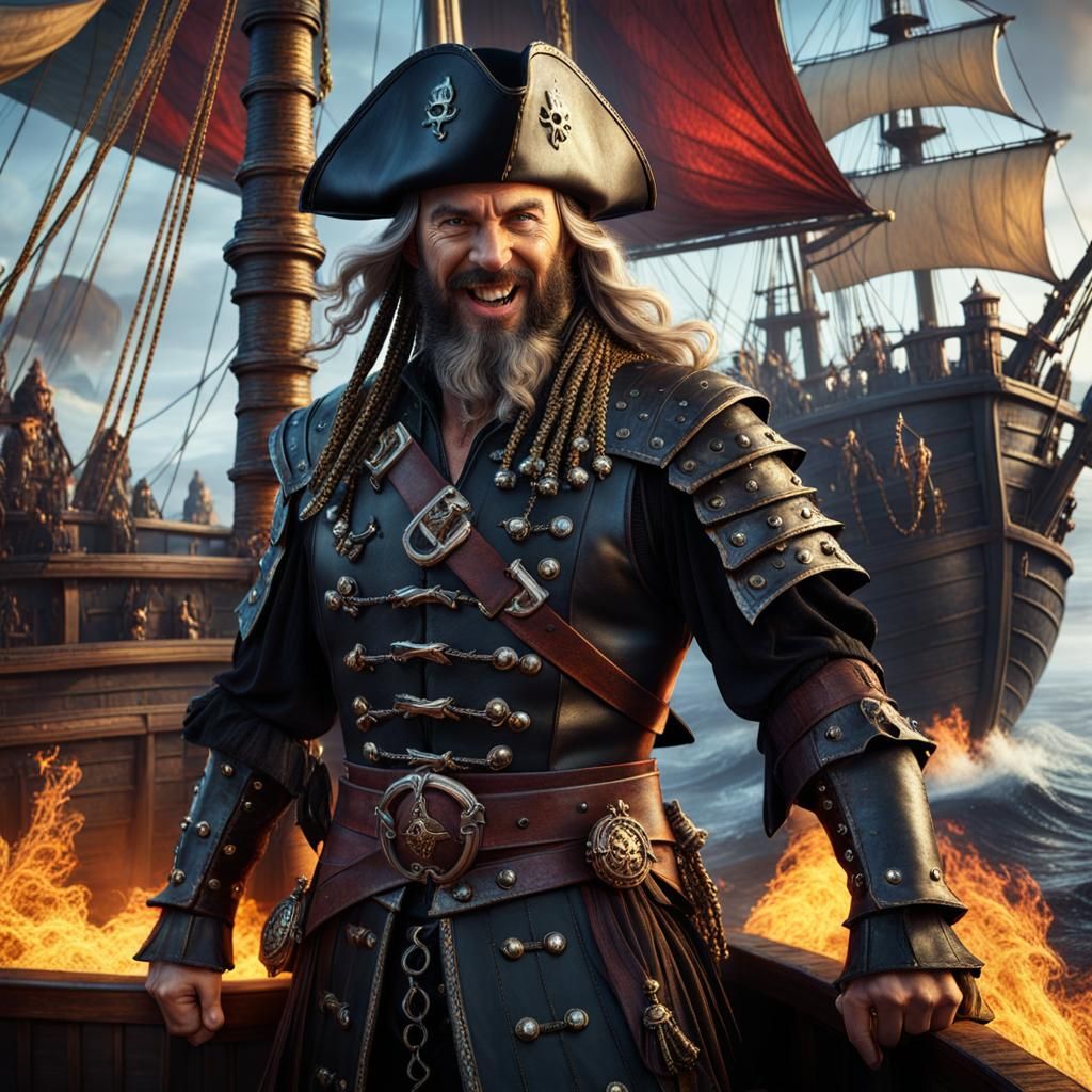 Menacing Pirate Lord on Burning Ship