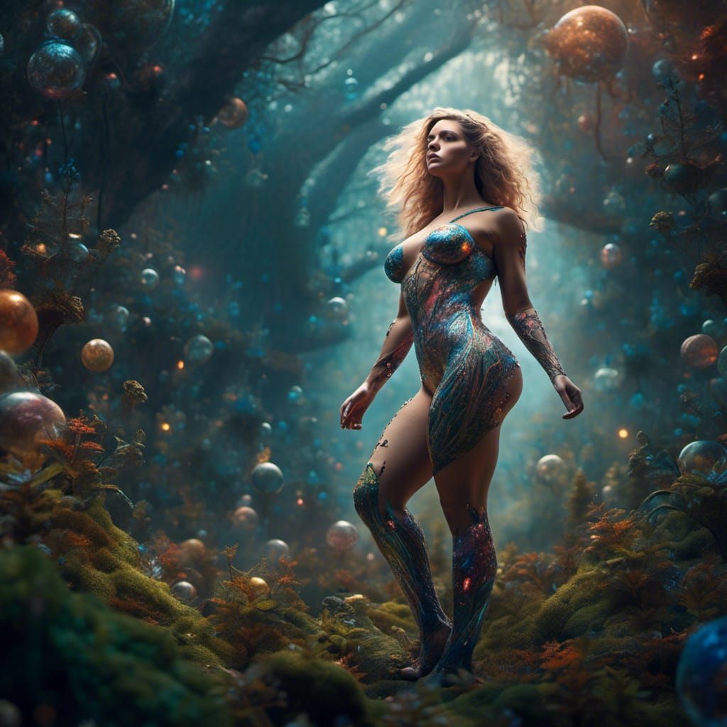 Muscular Woman in Cosmic Forest: Hyperreal Digital Art