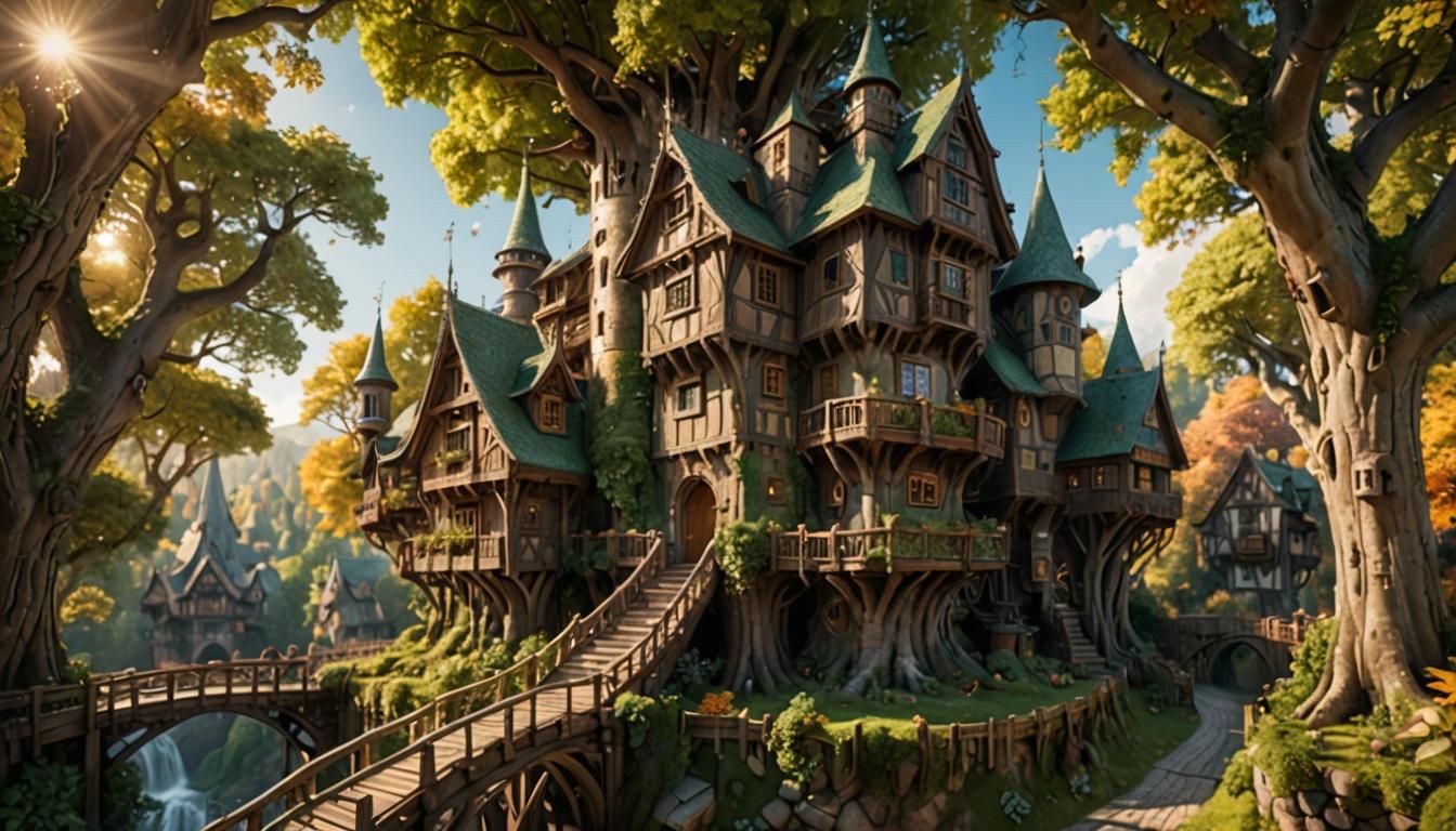 Whimsical Half-Timbered Treehouse in Lush Forest